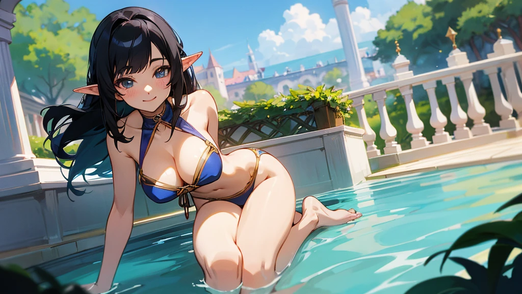 Anime Style,Swimwear,Detailed background,Magical World,A lively balcony with many people,A beautiful elf bard with black hair and a smile,fan,Big cleavage,Healthy thighs,Underarm,Barefoot