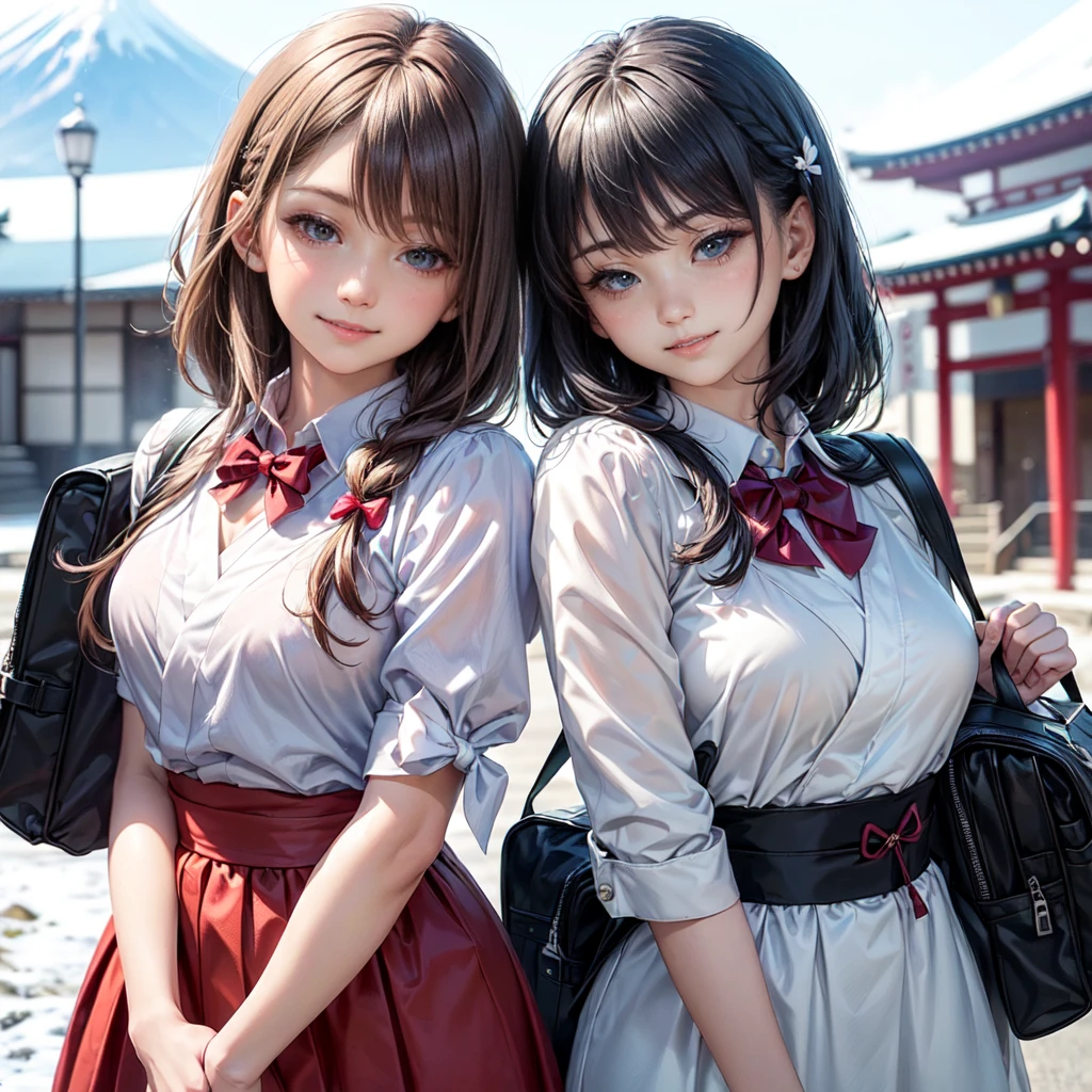 ((8K, RAW Photos, Highest quality, masterpiece)),((Showing the kimono from the obi up：1.5)), High-resolution RAW color photos、

Professional close-up photography, (Realistic, フォトrealism: 1.37), 

(Highest quality), (Best Shadow), (Best illustrations),

High-quality images、Skin Radiance、Texture of skin and clothing、

Expression of fine eyes、Shiny Hair,Long Hair Girl, Manga inspired by Lee Jong-suk, 

Trending on deviantart, realism, detailed manga style, Manga art style,

Perfect Line Drawing, Beautiful line art, digital manga art girl, K-POPアイドル,

 Beautiful brown eyes, Fuller lips, Gorgeous face with attention to detail, 

(Cute Smile), attractive, Innocent, (Perfectly detailed face), 

(Detailed and carefully drawn hand) Photorealistic images, Written boundary depth, 

(Japanese style princess cut hairstyle:1.5), 

best quality, masterpiece, New Year, 

 

Three Japanese high-school cute girls, ((looking straight:1.7)), 



((white short scarf:1.2)), ((white feather shawl:1.2)), 



a short-sleeved Japanese-blue-high-school-sailor-suit,

((Reddish bow tie, with a school bag:1.5)) 



((gently smiling:1.7)), 

((upper arms hidden by clothes and hair:1.5)),

(innocent and pure high-school-girls:1.7)



(separately side by side:1.5), 

shrine background, (mount Fuji:1.3), ((snow))

winter(season), (outdoors:1.5)