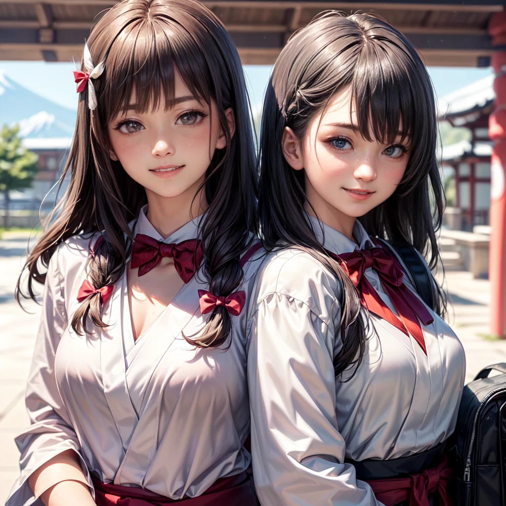 1girl, full body, summer, village, trees, sun, clouds, ((colorful hair)), long hair, curly hair, ponytail, large breasts, button down shirt, ((blue floral pattern shirt)), ((unbuttoned shirt)), unbuttoning buttons, popping buttons, cleavage 1:3, brown eyes, ((opened denim jacket)), ((red black skirt)), smile, looking at the viewer, touching neck, standng, hair ribbon, golden necklate