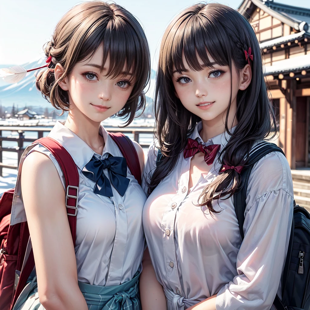((8K, RAW Photos, Highest quality, masterpiece)),((Showing the kimono from the obi up:1.5)), High-resolution RAW color photos、
Professional close-up photography, (Realistic, フォトrealism: 1.37),
(Highest quality), (Best Shadow), (Best illustrations),
High-quality images、Skin Radiance、Texture of skin and clothing、
Expression of fine eyes、Shiny Hair,Long Hair Girl, Manga inspired by Lee Jong-suk,
Trending on deviantart, realism, detailed manga style, Manga art style,
Perfect Line Drawing, Beautiful line art, digital manga art girl, K-POPアイドル,
Beautiful brown eyes, Fuller lips, Gorgeous face with attention to detail,
(Cute Smile), attractive, Innocent, (Perfectly detailed face),
(Detailed and carefully drawn hand) Photorealistic images, Written boundary depth,
(Japanese style princess cut hairstyle:1.5),
best quality, masterpiece, New Year,
Three Japanese high-school cute girls, ((looking straight:1.7)),
((white short scarf:1.2)), ((white feather shawl:1.2)),
a short-sleeved Japanese-blue-high-school-sailor-suit,
((Reddish bow tie, with a school bag:1.5))
((gently smiling:1.7)),
((upper arms hidden by clothes and hair:1.5)),
(innocent and pure high-school-girls:1.7)
(separately side by side:1.5),
shrine background, (mount Fuji:1.3), ((snow))
winter(season), (outdoors:1.5)