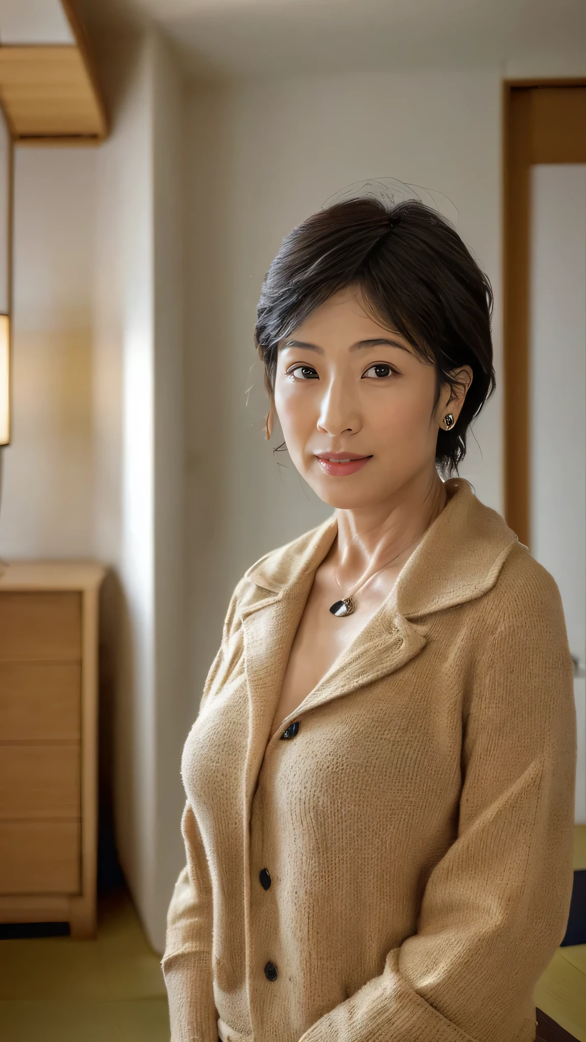 realistic, (Japanese mature woman politician:1.8),(55 years old:1.6), cleavage, earrings, real skin, mole under eye, (huge breasts, sagging breasts:1.2), wide hips, lower abdomen, hotel room, from below,