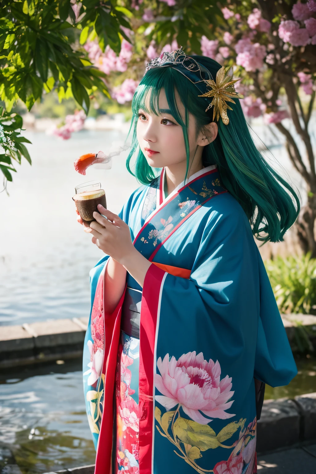 Green Hair、kimono、princess、water面、water、water滴、sacred、Gorgeous、Dancing,黄青color，enamel，agate，肌colorの世界，ブラッドブルーメイデン 32k（masterpiece，Kilo，Aoyama Pond，Hyper HD，32k）長く流れるような明るい青colorの髪，Blood Pond，bloom， color，Sulky （Post Cock Scarf）， Combat Stance， looking at the ground， Long white hair， Floating bright blue， Gold tiara with fire cloud pattern， 中国の長袖の金絹のバーガンディcolorの衣服， （Abstract Metaverse Splash：1.2）， White background，Peony flower, guardian of vitality（Realistically：1.4），明るい緑colorの髪，Smoke on the road，The background is pure， High resolution， detailed， RAW Photos， sharp， Nikon D850 film stock photo by Jefferies Lee 4 Kodak Portra 400 camera F1.6 shots, 豊かなcolor彩, Ultra-realistic vivid textures, Dramatic lighting, Unreal Engine Art Station Trends, Cinestia 800，長く流れるような明るいGreen Hairの少女，giant colorful bubbles、princess、kimono