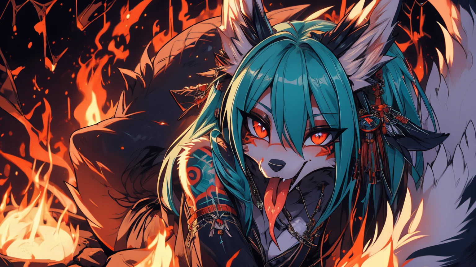 Miku Hatsune, add high definition_detail:1, blue fur,kitsune ears, tribal tattoo add_detail:1, in hell add_detail, batwigns add_detail Fer yokai kitsune, long snake tongue add_detail:1
