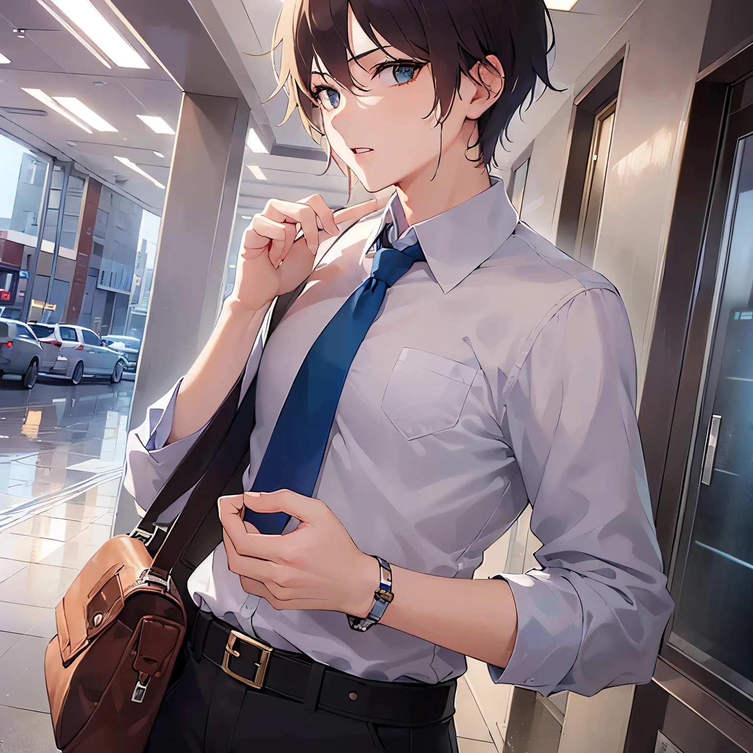 BREAK (25-year-old male:1.5) and (Mahogany brown short hair) and (Green Eyes) BREAK (white collared shirt) and (Blue tie)、(looking at viewer:1.5),Side shot masterpiece、Highest quality、 (surprised:1.5), The background is the office lobby.、(alone:1.5)