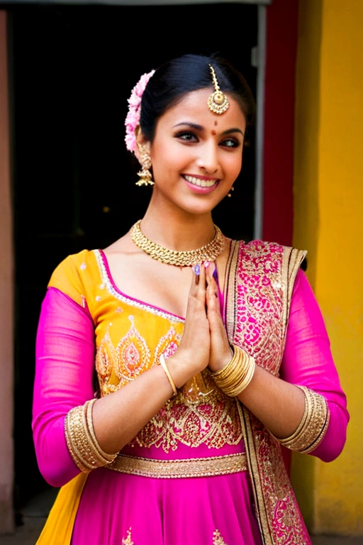 An Indian woman in a breathtaking pink and gold anarkali, her dark hair tied in a sleek bun, her eyes shining like stars as she spins and twirls to the rhythm of the garba, her hands clasped together in a graceful mudra, the lights of the festival reflecting off her smiling face like a thousand tiny mirrors, the colors of the festival blurring into a kaleidoscope of beauty."