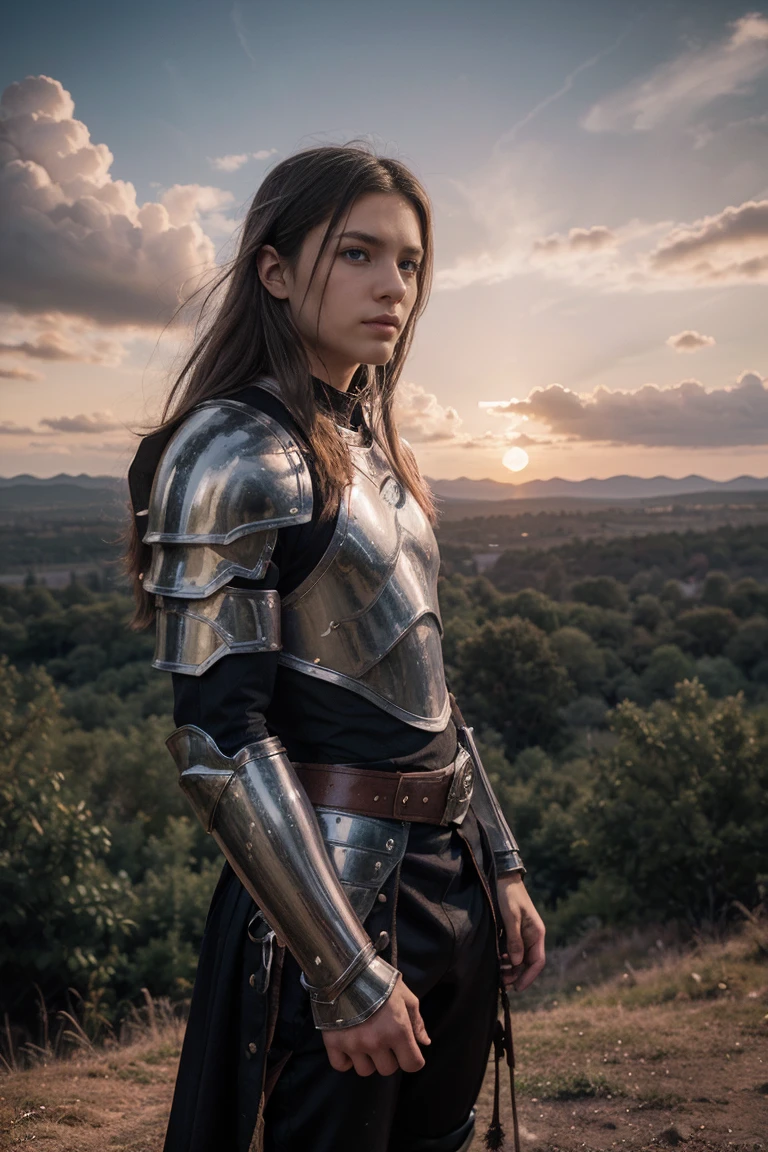 Create an anime illustration featuring a young hero in an epic fantasy world. The main character is a young man with bright blue eyes and long silver hair., dressed in stylish battle armor with elements of magic. It stands on a cliff overlooking a magical forest, full of glowing trees and mystical creatures. The background should include tall mountains and a sunset sky with shades of pink and orange, creating a sense of magic and adventure. The illustration must use a detailed style, inherent to the anime genre, with an emphasis on emotions and atmosphere.