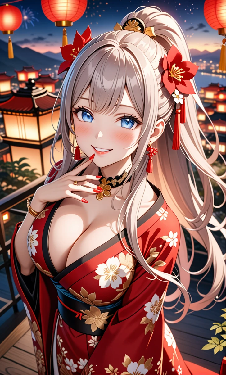 ultra-detailed, ((one girl)), hyper detailed, absurdres, 8K, Beautiful Face, (Laugh shyly), ((teasing smile:1.8)), ((Wink:1.8)), (Laugh with your mouth wide open),(Tilt your head:1.3),(Put your hand over your mouth:1.8), View your viewers, ((Bright red cheeks:1.6)),Glossy Red Lips, ((Big Breasts:1.5)), (valley),night,no having clothes, You can see the sea horizon, firework, (Brighten your face), ((Anime style background)),masterpiece, Highest quality, so beautiful,Latest, Complex details, (Pink long nails), (nail art), (ring),(bracelet), (Floral Choker),AI-generated, Complex,High resolution, Highest quality, super high quality,3D Images、3D Images,One person,(Silver long hair),(High Ponytail), Anime woman posing for a photo, ((Fine grain、blue eyes、glowing eyes:1.4)), (White eyes), (Squint your eyes:1.1),a hyperRealistic , hyperRealistic , Realistic, White long hair anime woman, Smooth anime CG art, A girl in a gorgeous kimono with gold embroidery, ((black furisode:1.5),(Red large floral pattern) ,Long flower hair ornament,Floral Earrings,Mature Body, tall,Abdominal muscles,Tight waist, ((learning forword+looking up+from above:1.7))