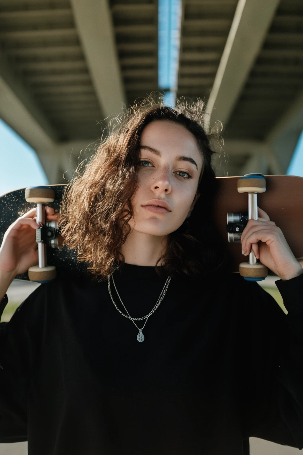 arafed woman holding a skateboard and a camera in front of her face, mid shot portrait, detailed portrait shot, high quality portrait, portrait shot, portrait featured on unsplash, photo portrait, detailed portrait, album art, medium shot portrait, kailee mandel, photo of young woman, centered portrait, on a bridge, mid portrait, 3 5 mm portrait