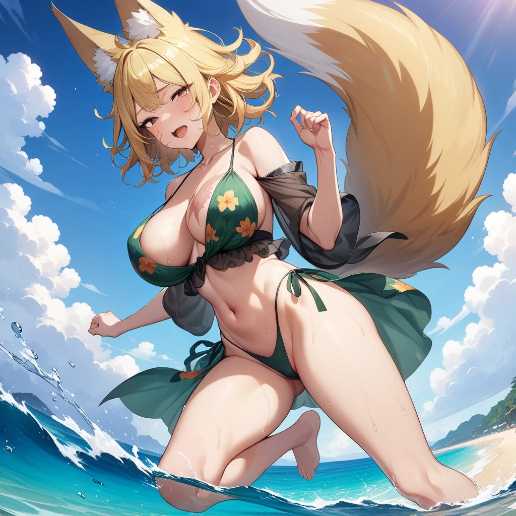 (masterpiece,best quality,very aesthetic,ultra-detailed),(illustration,official art),nsfw,solo,BREAK,1girl,30yo,curvy,large breasts,tall,stout build,bewitching,(blonde fox ears),(a fox tail growing out from around her tailbone),(blonde hair,short hair,messy hair),disheveled hair,(brown eyes),half closed eyes,beautiful face,bare legs,comfortable,open mouth,enjoyable,(smirk:0.8),wet,(tropical atmosphere,flower print dark green layered highleg bikini with Ruffled see-through sarong),(cameltoe:0.7),(scar on breasts,scar on cheek:1.2),jumping,taking off dark green kimono,throwing dark green kimono away,ocean,sandy beach,Clear seawater,splash,summer sky,cowboy shot,side glance