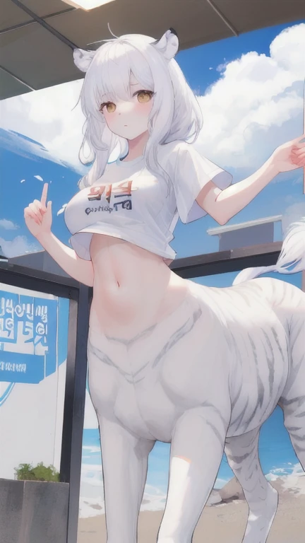 (best quality, masterpiece), 1 girl, centaur, It takes, White skin, Korean  ,Athletic Competition,exposing the abdomen,belly button t-shirt, 아름다운 소녀 perfect white tiger photo, perfect white tiger photo