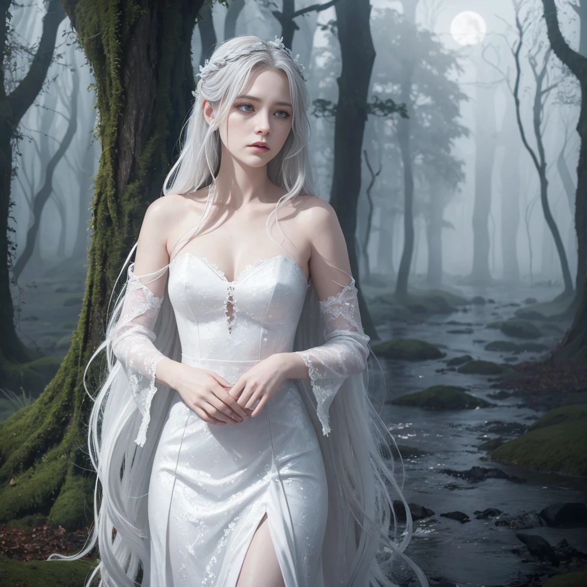 A depiction of a Banshee, the Irish spirit, with long silver hair and a sorrowful expression. She is wearing a flowing white dress and is set against a misty, eerie backdrop of a moonlit forest or an ancient castle.
