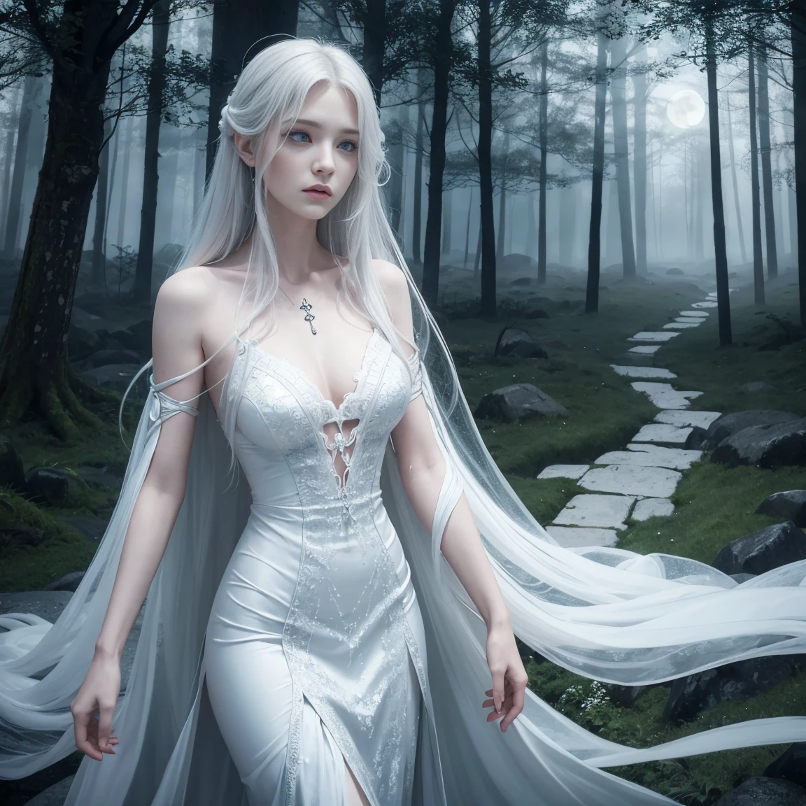 A depiction of a Banshee, the Irish spirit, with long silver hair and a sorrowful expression. She is wearing a flowing white dress and is set against a misty, eerie backdrop of a moonlit forest or an ancient castle.
