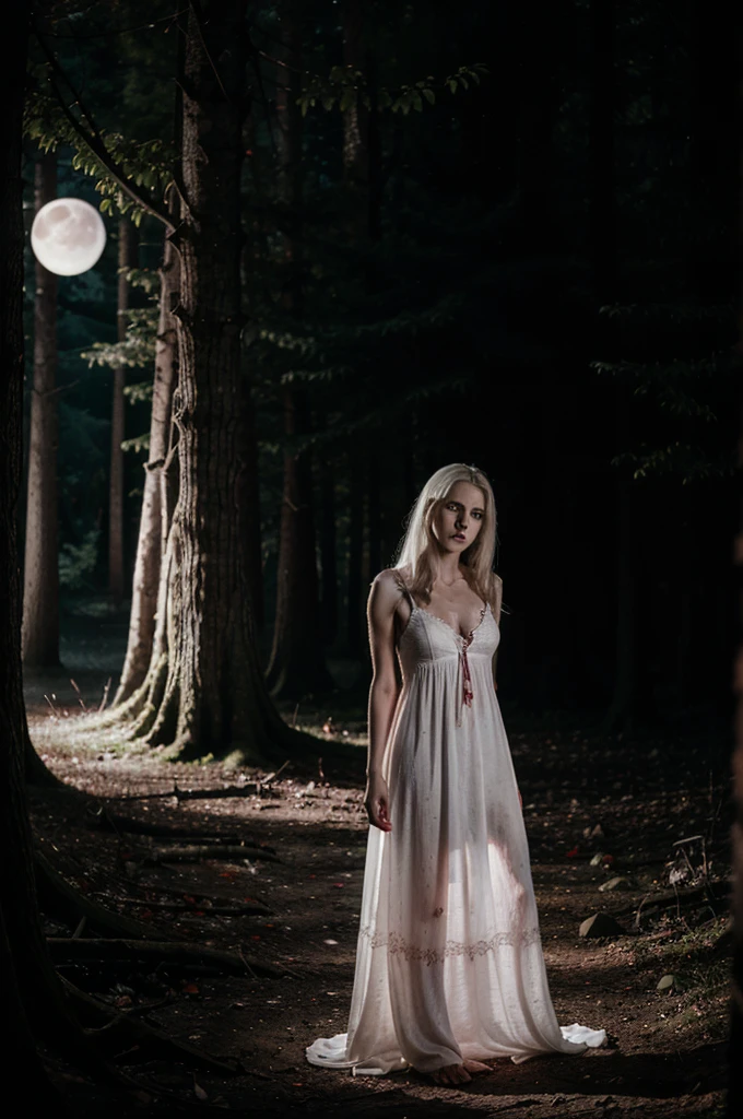 devil-looking woman. long white nightgown stained with blood. pale hands full of blood. in the dark forest. visible moon. photo from afar.