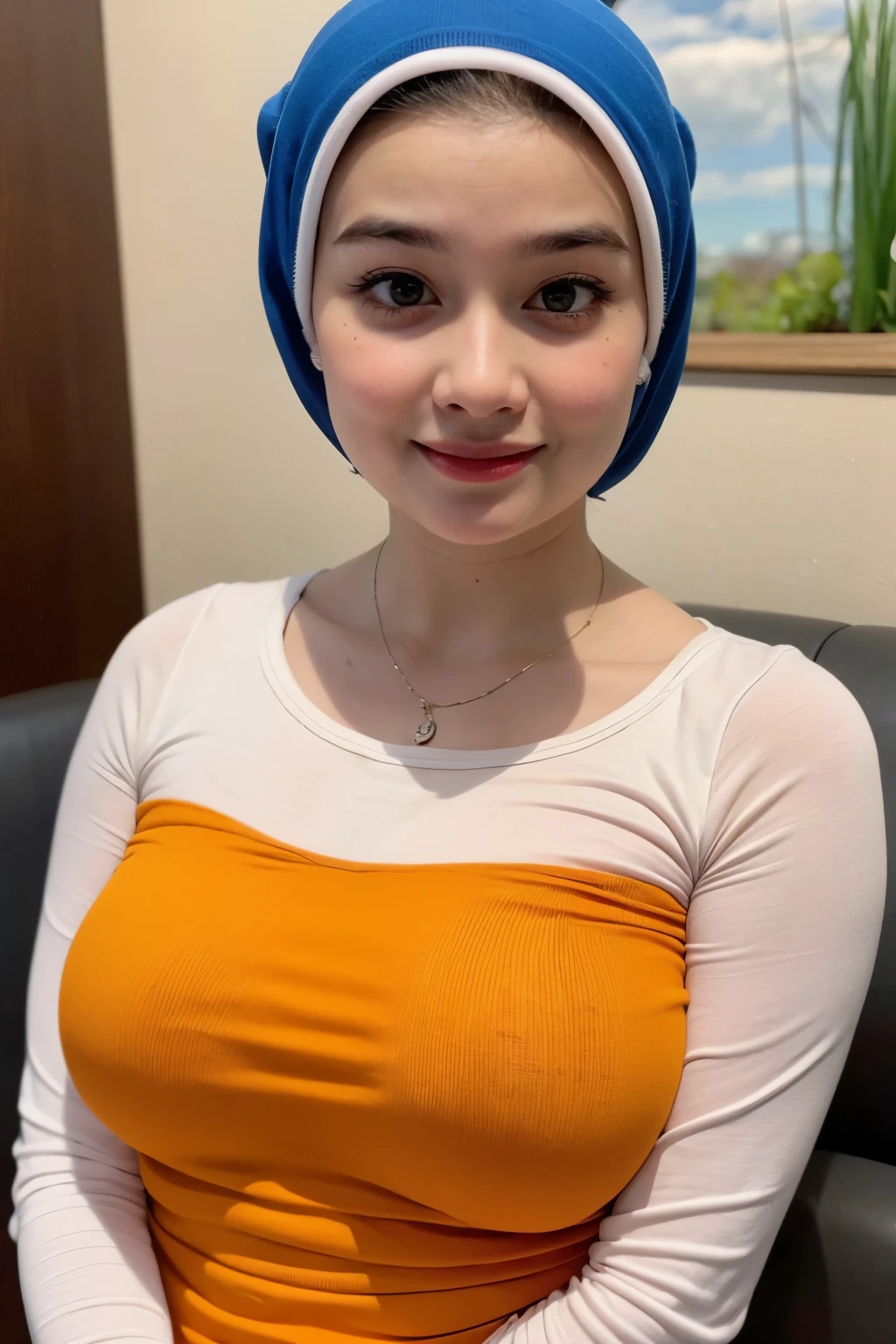 (Old Lady:1.7), Transparent transparency, (Orange Chubby Strapless Dress), adorable, 1 girl, (face to face), , baby face, hf body portrait, (face details: 1), (eye details:1), ((big breasts)). wearing transparent transparency long shirt, .. Cute posed. proportional body. Ultra High Res. realistic: 1.4, UHD, tudung jilbab , lace