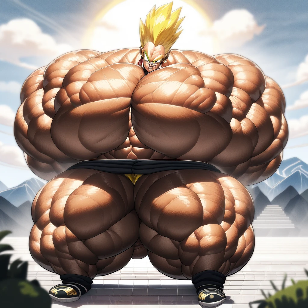 1boy, Vegeta, from Dragon Ball Z, saiyan, (yellow hair:2), spiked hair, green eyes, blue skintight pants, white gloves, white boots with brown tips, good posture, shirtless, nipples, abs, sumo squat, powering up stance, (huge muscles:4), huge pectorals, yellow aura, electricity, (dragonballartstyle:1.2), (in the style of Akira Toriyama:1.2), white tiled floor, outdoors, flat-top mountains, Extreme Wide Shot, masterpiece, best quality, very aesthetic, absurdres, day light, (sumo squat:1.5), (in center of image: 2), (move character four steps back:2), huge arms, (make character backtrack until his body fits in the frame:2)