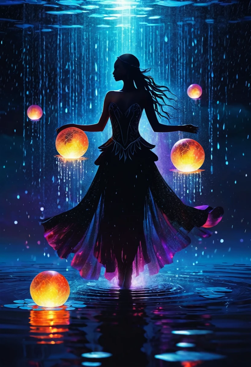heavy rain,In the middle of the lake, Mysterious female black silhouette in the middle of the night, Surrounded by glowing spheres, Summoners dance to appease the spirits of the dead. Ceremonial canvas clothing. Sensual. Multiple magic arrays. Dynamic dance. Water Lily. Colorful palette.