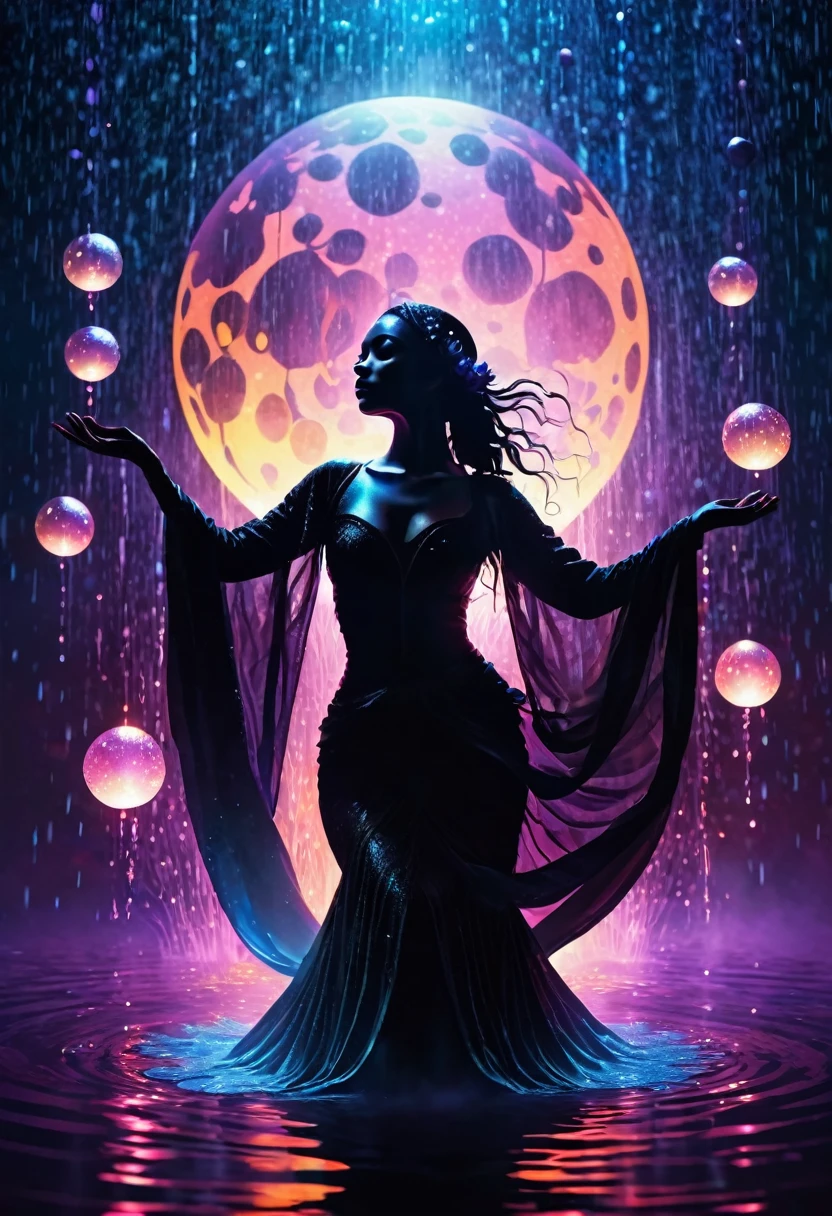heavy rain,In the middle of the lake, Mysterious female black silhouette in the middle of the night, Surrounded by glowing spheres, Summoners dance to appease the spirits of the dead. Ceremonial canvas clothing. Sensual. Multiple magic arrays. Dynamic dance. Water Lily. Colorful palette.