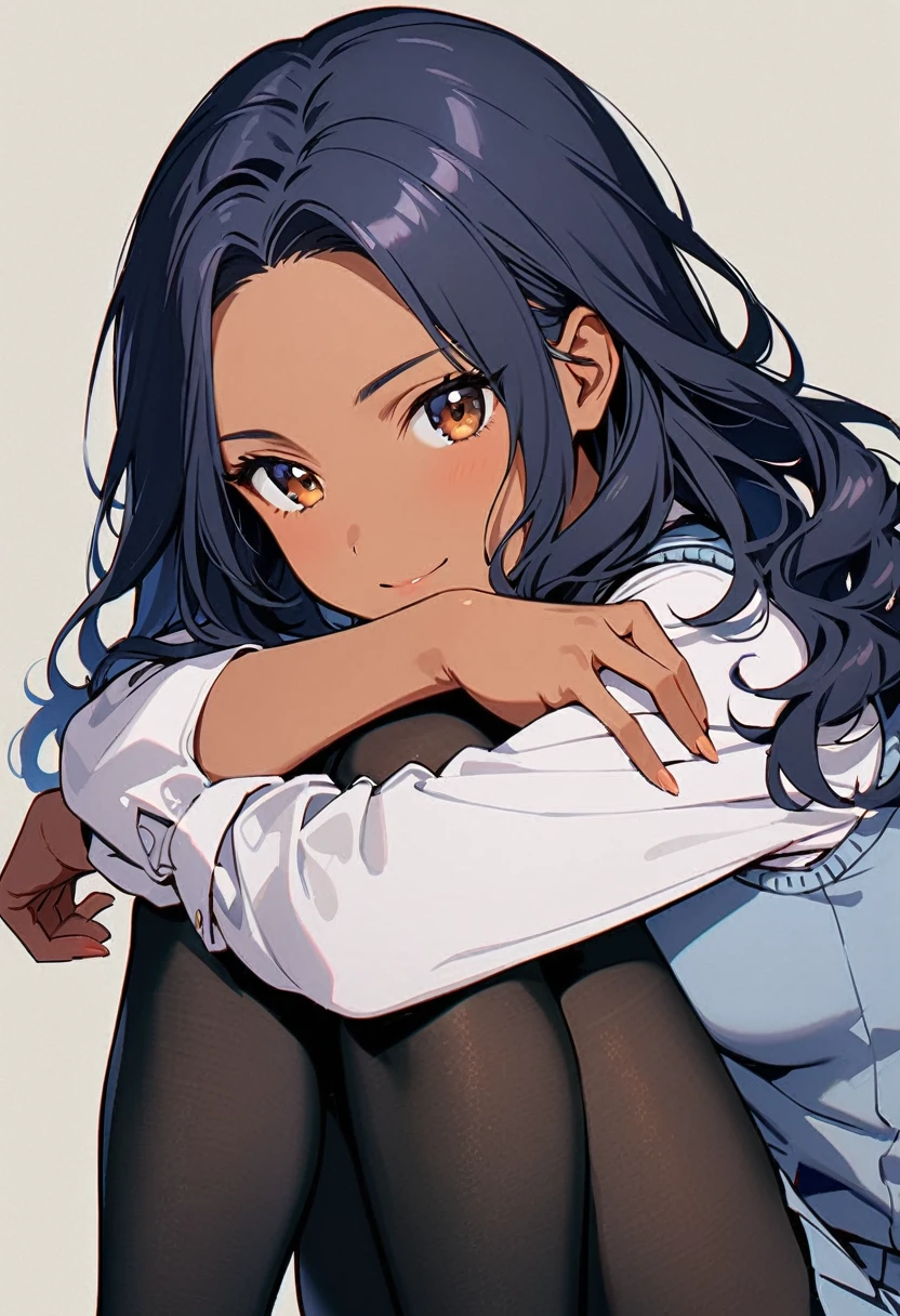 a woman, 19-years-old, solo, mature face, average height, tan skin, (long black wavy hair that's parted in the middle:1.2), no bangs, brown eyes, warm smile, black sweater vest, white formal shirt, gray pleated skirt, blue necktie, black tights, sitting with knees up, hugging knees, head resting on knees, plain indigo background