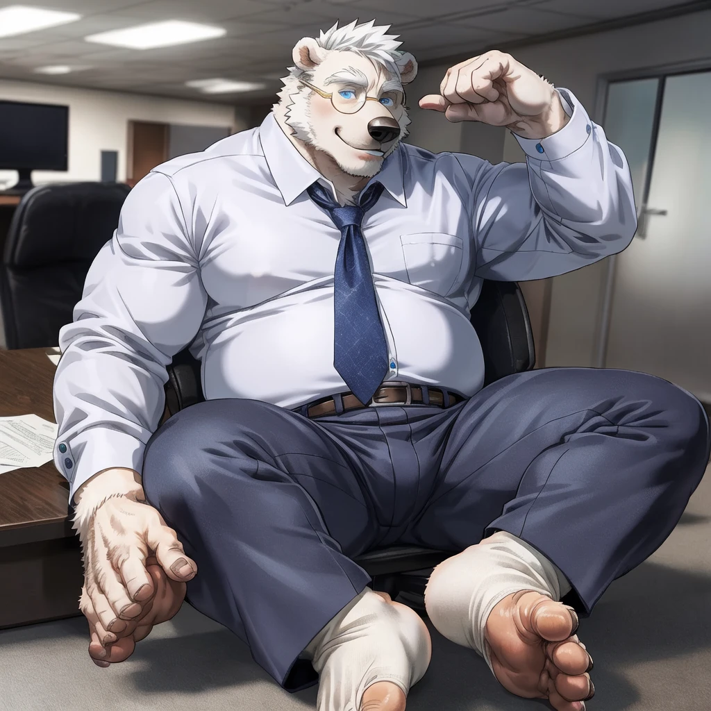 chubby polar bear  male dad office suit  opening white shirt slighly  well built , blue eyes glasses, head crest white hair, levitating relaxing  spread legs, detailed feet five toes  with white  sock, disney profile, full body smug , kemono , high quality , by rossciaco