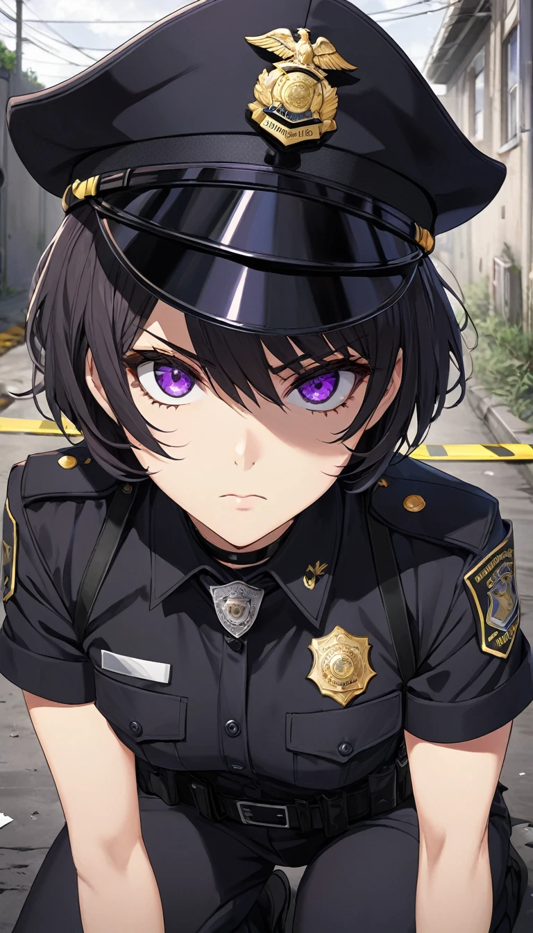 High-resolution anime digital art, Masterpiece, upper body, tomboy, mature, sexy, smart, short hair color pitch black, real detail eyes pupil purple, Wear Black Cops Uniforms, black chokers, Serious face, Crime Scene, Full Body, Alone.