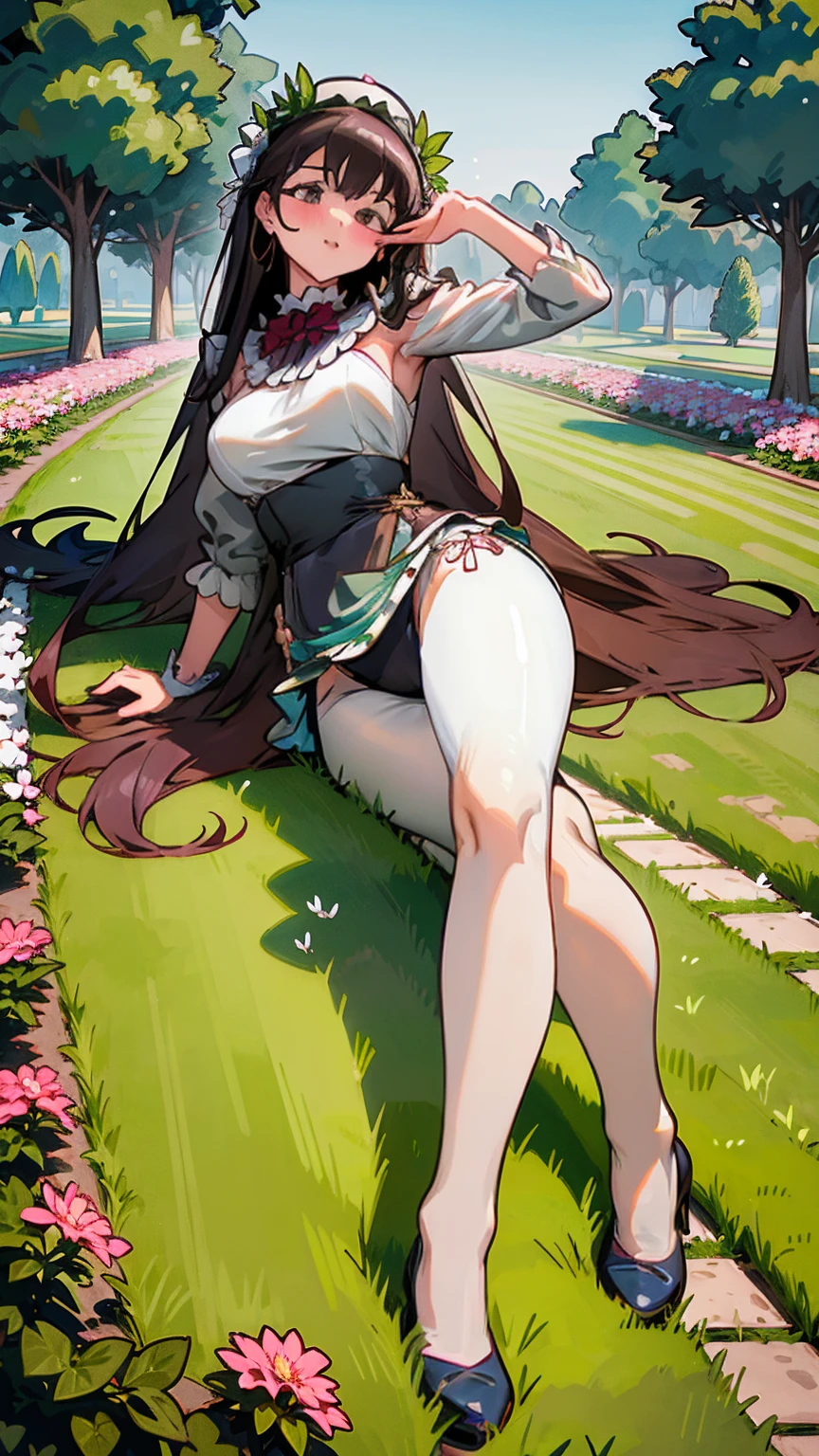 In a sprawling countryside estate, a giantess reclines on the manicured lawn, her long legs stretching across the garden. Normal-sized people walk around her, tending to the flowers and plants, their heads barely reaching her ankles as they glance up in awe.
