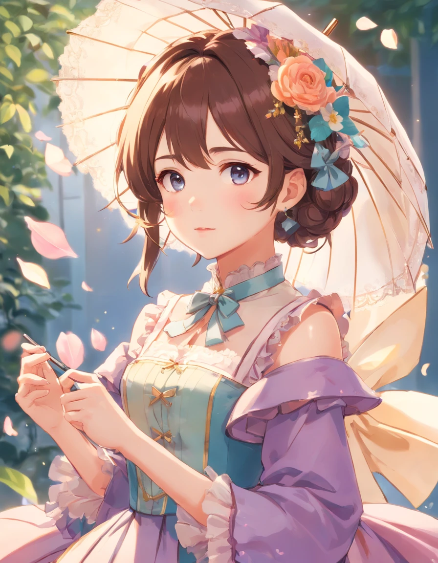 (Masterpiece), (best quality), illustration of Victorian Girl、kawaii girl、aniime、 1. **lo fashion**: Victorian fashion is characterized by dressy and elegant design。Ruffles and laces、corsets、Try incorporating elements such as long dresses。 2. **hairstyle on**: Women's hairstyles in the Victorian era are often complex and delicate。Upstyling and curling、It is also a good idea to add ribbons and floral ornaments to the hair.。 3. **Features**: girl features with soft features、Beautiful、kawaii、intelligent Beatty, Beautiful 5. **accessorized**: Accessories played an important role in the Victorian era。Hats、gloves、umbrellas, etc.、By drawing accessories with attention to detail、You can give your character personality。 Nice dress、florals、Luxurious costumes、PastelColors, (shining brightly), ((dazzling)), (floating a lot of flower petals, ((2D)), ((paper art))、(((グラマラス)))、ふっくら、(((ぽっちゃり)))、(((大きな胸)))、セクシー