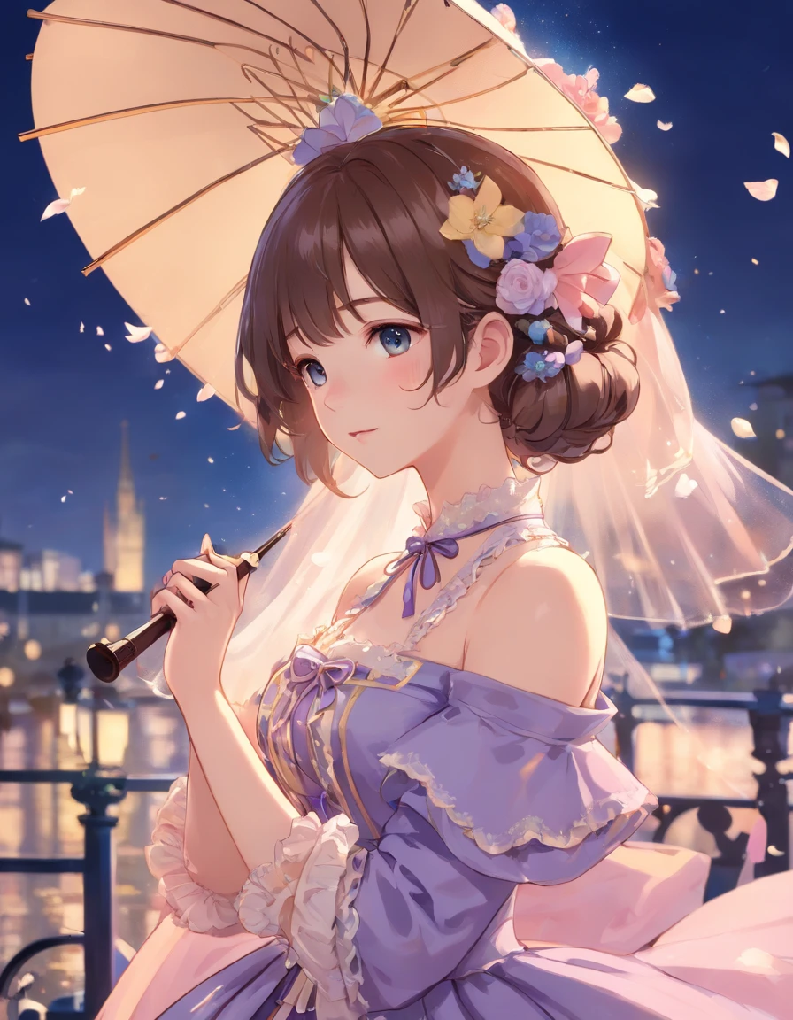 (Masterpiece), (best quality), illustration of Victorian Girl、kawaii girl、aniime、 1. **lo fashion**: Victorian fashion is characterized by dressy and elegant design。Ruffles and laces、corsets、Try incorporating elements such as long dresses。 2. **hairstyle on**: Women's hairstyles in the Victorian era are often complex and delicate。Upstyling and curling、It is also a good idea to add ribbons and floral ornaments to the hair.。 3. **Features**: girl features with soft features、Beautiful、kawaii、intelligent Beatty, Beautiful 5. **accessorized**: Accessories played an important role in the Victorian era。Hats、gloves、umbrellas, etc.、By drawing accessories with attention to detail、You can give your character personality。 Nice dress、florals、Luxurious costumes、PastelColors, (shining brightly), ((dazzling)), (floating a lot of flower petals, ((2D)), ((paper art))、(((グラマラス)))、ふっくら、(((ぽっちゃり)))、(((大きな胸)))、セクシー