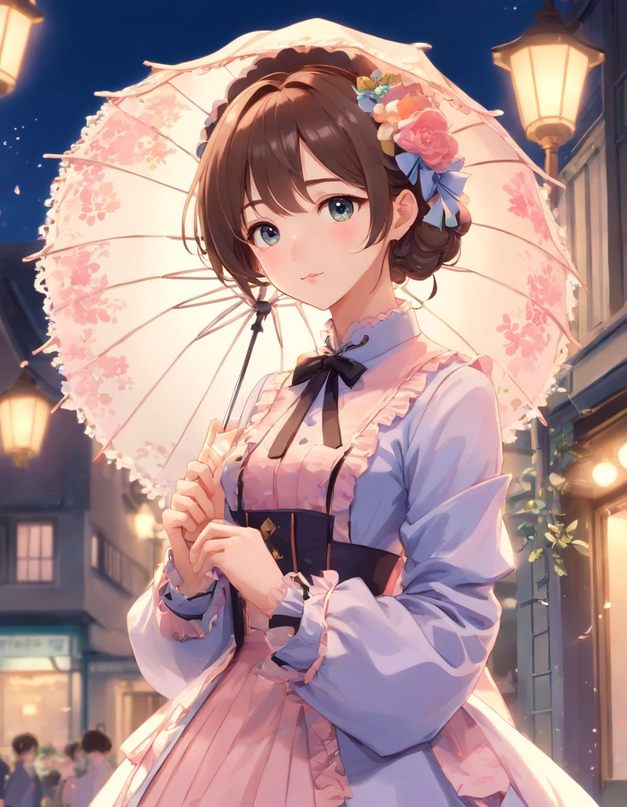(Masterpiece), (best quality), illustration of Victorian Girl、kawaii girl、aniime、 1. **lo fashion**: Victorian fashion is characterized by dressy and elegant design。Ruffles and laces、corsets、Try incorporating elements such as long dresses。 2. **hairstyle on**: Women's hairstyles in the Victorian era are often complex and delicate。Upstyling and curling、It is also a good idea to add ribbons and floral ornaments to the hair.。 3. **Features**: girl features with soft features、Beautiful、kawaii、intelligent Beatty, Beautiful 5. **accessorized**: Accessories played an important role in the Victorian era。Hats、gloves、umbrellas, etc.、By drawing accessories with attention to detail、You can give your character personality。 Nice dress、florals、Luxurious costumes、PastelColors, (shining brightly), ((dazzling)), (floating a lot of flower petals, ((2D)), ((paper art))、(((グラマラス)))、ふっくら、(((ぽっちゃり)))、(((大きな胸)))、セクシー