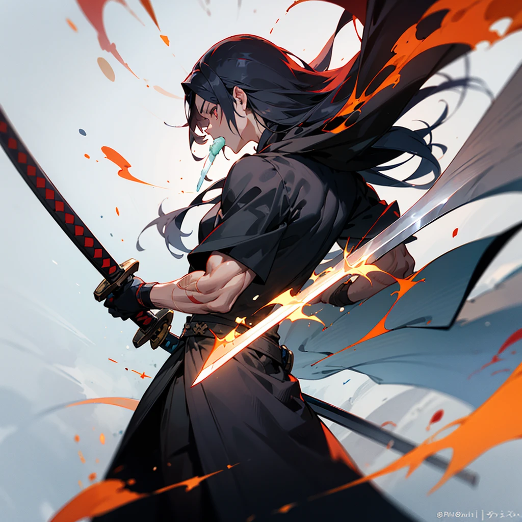 Create a character with long hair, from the back with a large black cape A katana on fire Eyes coming out of rays Black clothing with red stripes A scar on the arm A somewhat muscular body Acting like a swordsman Eating ice cream happily 