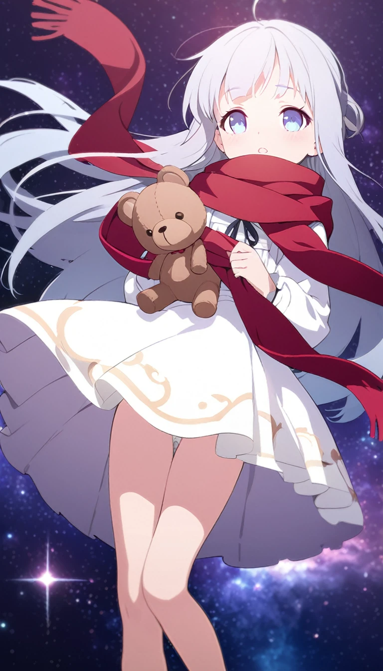 (((masterpiece))), (((best quality))),(((high detail))),light manipulation, girl with long silver hair, gradient purple to sky blue eyes, wearing a white dress, a red scarf, (((loli))), (((child))) , galaxy background, holding a teddy bear, feet, no footwear