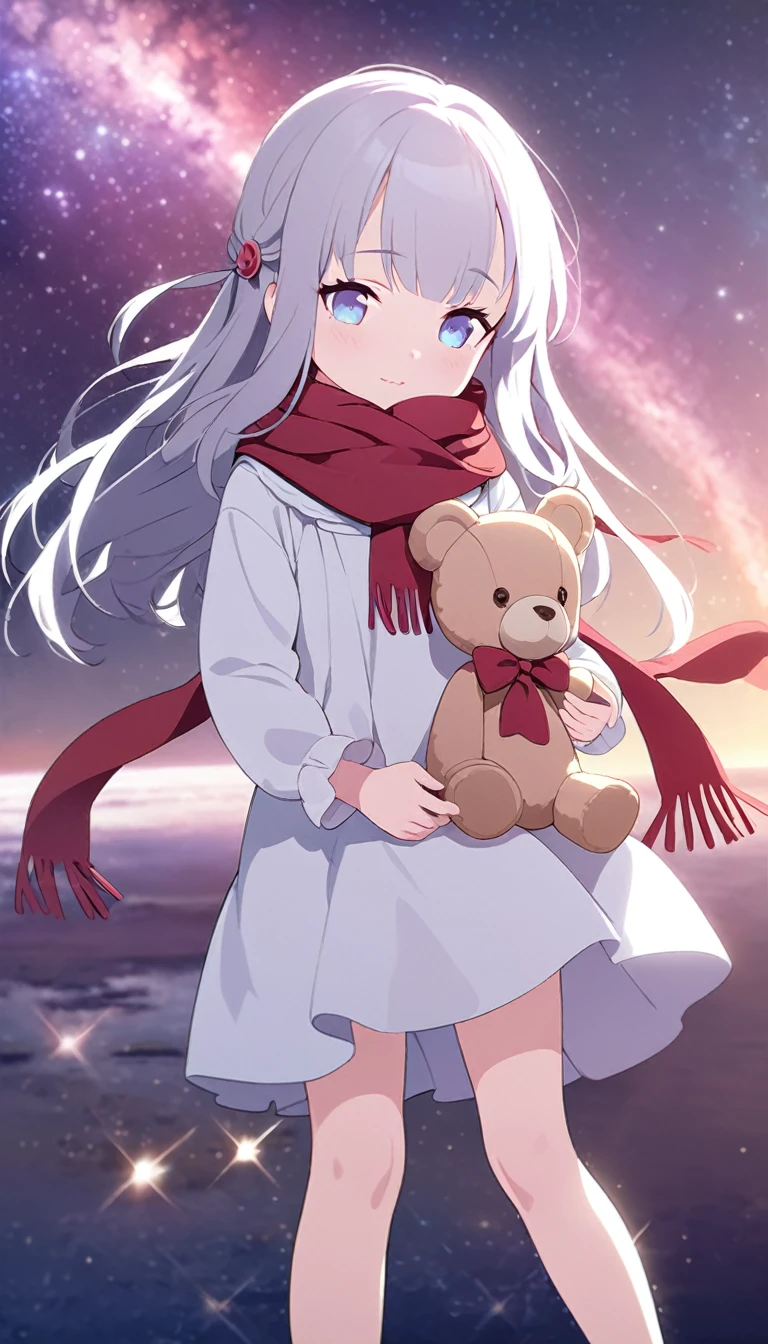 (((masterpiece))), (((best quality))),(((high detail))),light manipulation, girl with long silver hair, gradient purple to sky blue eyes, wearing a white dress, a red scarf, (((loli))), (((child))) , galaxy background, holding a teddy bear, feet, no footwear