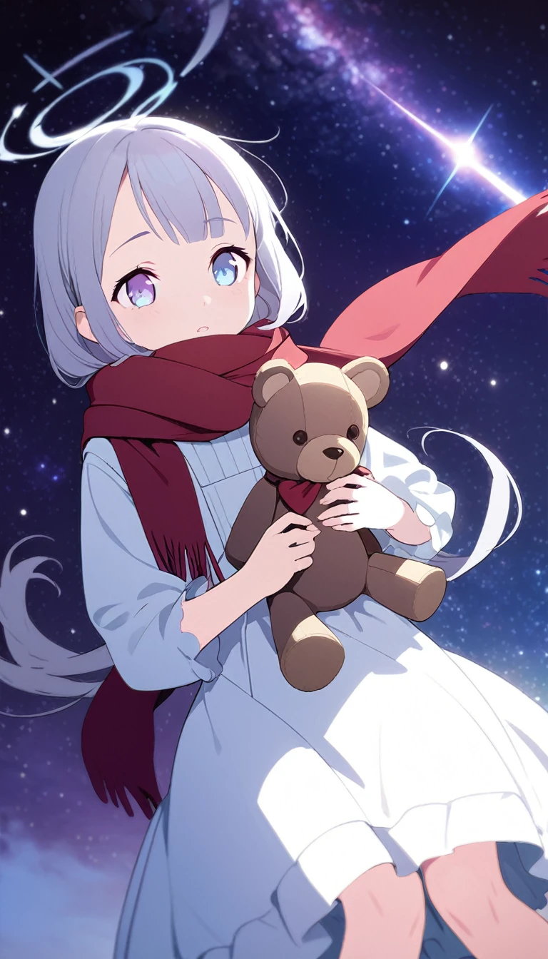 (((masterpiece))), (((best quality))),(((high detail))),light manipulation, girl with long silver hair, gradient purple to sky blue eyes, wearing a white dress, a red scarf, ((())), (((child))) , galaxy background, holding a teddy bear, feet, no footwear