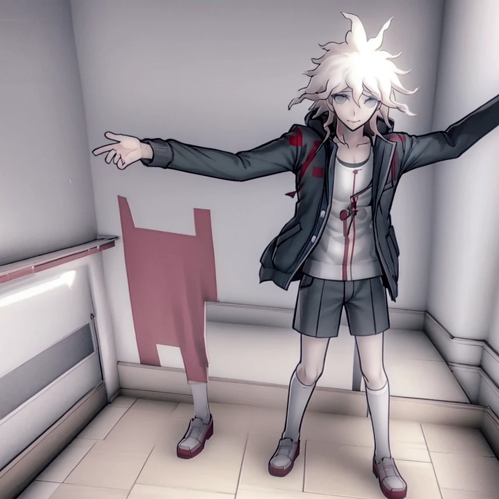 Yandere simulator, Nagito Komaeda, 3D like in yandere simulator, man, boy, Nagito Komaeda, male style. ONE BOY, ONLY ONE, ALONE, in a classroom, alone classroom. Smiling, happy, yandere simulator HIGH SCHOOL CLASSROOM, alone, . , Extremely detailed, no distortion.