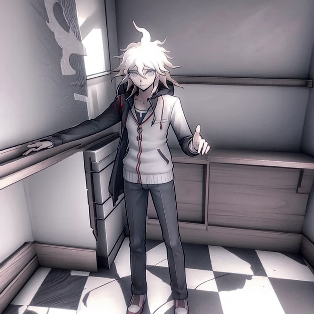 Yandere simulator, Nagito Komaeda, 3D like in yandere simulator, man, boy, Nagito Komaeda, male style. ONE BOY, ONLY ONE, ALONE, in a classroom, alone classroom. Smiling, happy, yandere simulator HIGH SCHOOL CLASSROOM, alone, . , Extremely detailed, no distortion.