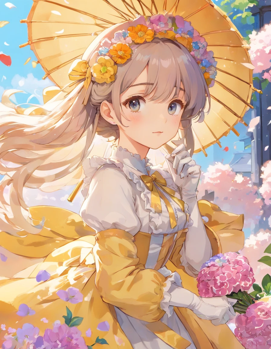 (Masterpiece), (best quality), illustration of Victorian Girl、kawaii girl、aniime、 1. **lo fashion**: Victorian fashion is characterized by dressy and elegant design。Ruffles and laces、corsets、Try incorporating elements such as long dresses。 2. **hairstyle on**: Women's hairstyles in the Victorian era are often complex and delicate。Upstyling and curling、It is also a good idea to add ribbons and floral ornaments to the hair.。 3. **Features**: girl features with soft features、Beautiful、kawaii、intelligent Beatty, Beautiful 5. **accessorized**: Accessories played an important role in the Victorian era。Hats、gloves、umbrellas, etc.、By drawing accessories with attention to detail、You can give your character personality。 Nice dress、florals、Luxurious costumes、PastelColors, (shining brightly), ((dazzling)), (floating a lot of flower petals, ((2D)), ((paper art))、(((グラマラス)))、ふっくら、(((ぽっちゃり)))、(((大きな胸)))、セクシー