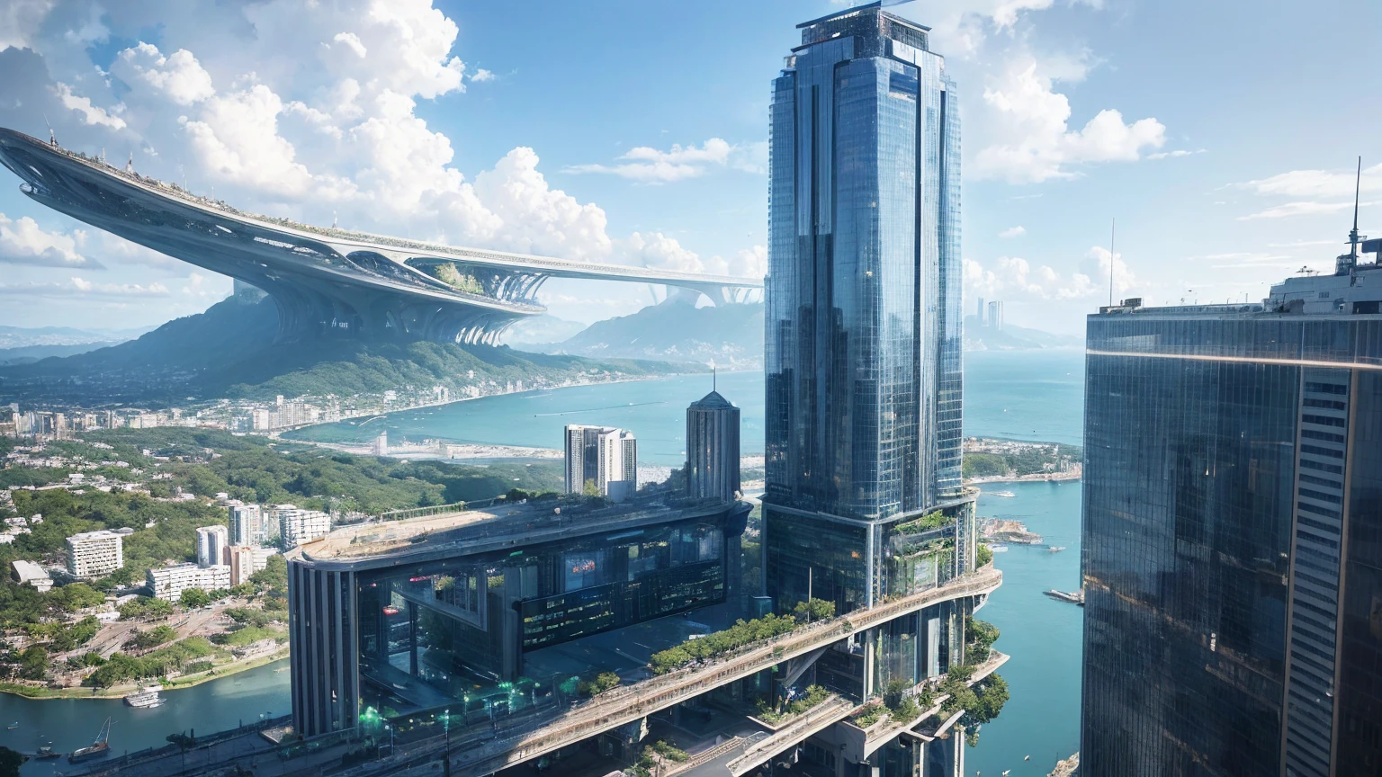 (Best quality,4K,8K,A high resolution,Masterpiece:1.2),Ultra-detailed,(Realistic,Photorealistic,photo-realistic:1.37),Futuristic floating city,Futuristic technology,Huge urban high-tech tablet platform,Airship,Floating in the sky,Futuristic city,Small airships around,High-tech hemispherical platform,Colorful lights,Advanced architecture,modernn architecture,skyscrapper,Access the cloud,Scenic beauty,view over city,Impressive design,Blend seamlessly with nature,energetic and vibrant atmosphere,Futuristic transportation system,Parking is suspended,Transparent path,Lush greenery,Sky gardens,cascading waterfalls,Magnificent skyline,reflections on the water,Sparkling river,Architectural innovation,futuristic skyscrapers,Transparent dome,The shape of the building is unusual,Elevated walkway,Impressive skyline,Glowing lights,Futuristic technology,Minimalist design,Scenic spots,Panoramic view,Cloud Piercing Tower,Vibrant colors,epic sunrise,epic sunset,Dazzling light display,magical ambiance,The future city,Urban Utopia,LuxuryLifestyle,Innovative energy,sustainable development,Smart city technology,Advanced infrastructure,Tranquil atmosphere,Nature and technology live in harmony,Awesome cityscape,Unprecedented urban planning,Architecture connects seamlessly with nature,High-tech metropolis,A cutting-edge engineering marvel,The future of urban living,Visionary architectural concept,Energy-efficient buildings,Harmony with the environment,A city floating above the clouds,Utopian dreams become reality,The possibilities are endless,State-of-the-art transportation network,Green energy integration,Innovative materials,Impressive holographic display,Advanced communication system,Breathtaking aerial view,Quiet and peaceful environment,Modernist aesthetics,Ethereal beauty