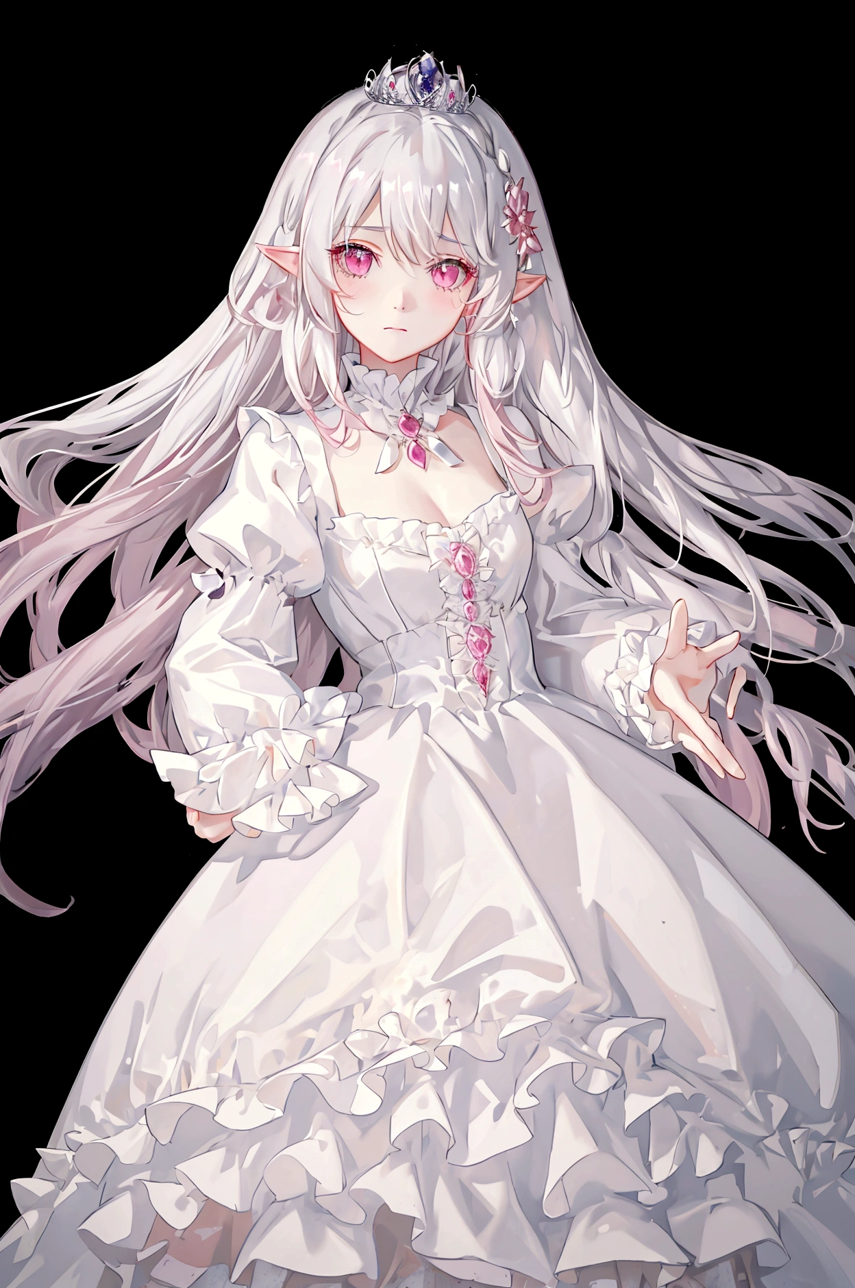 Girl, white hair, with bangs, long hair, wavy hair, pink eyes, deep pink eyes, innocent face, looking at viewer, princess, princess dress, flared dress, frills, blush