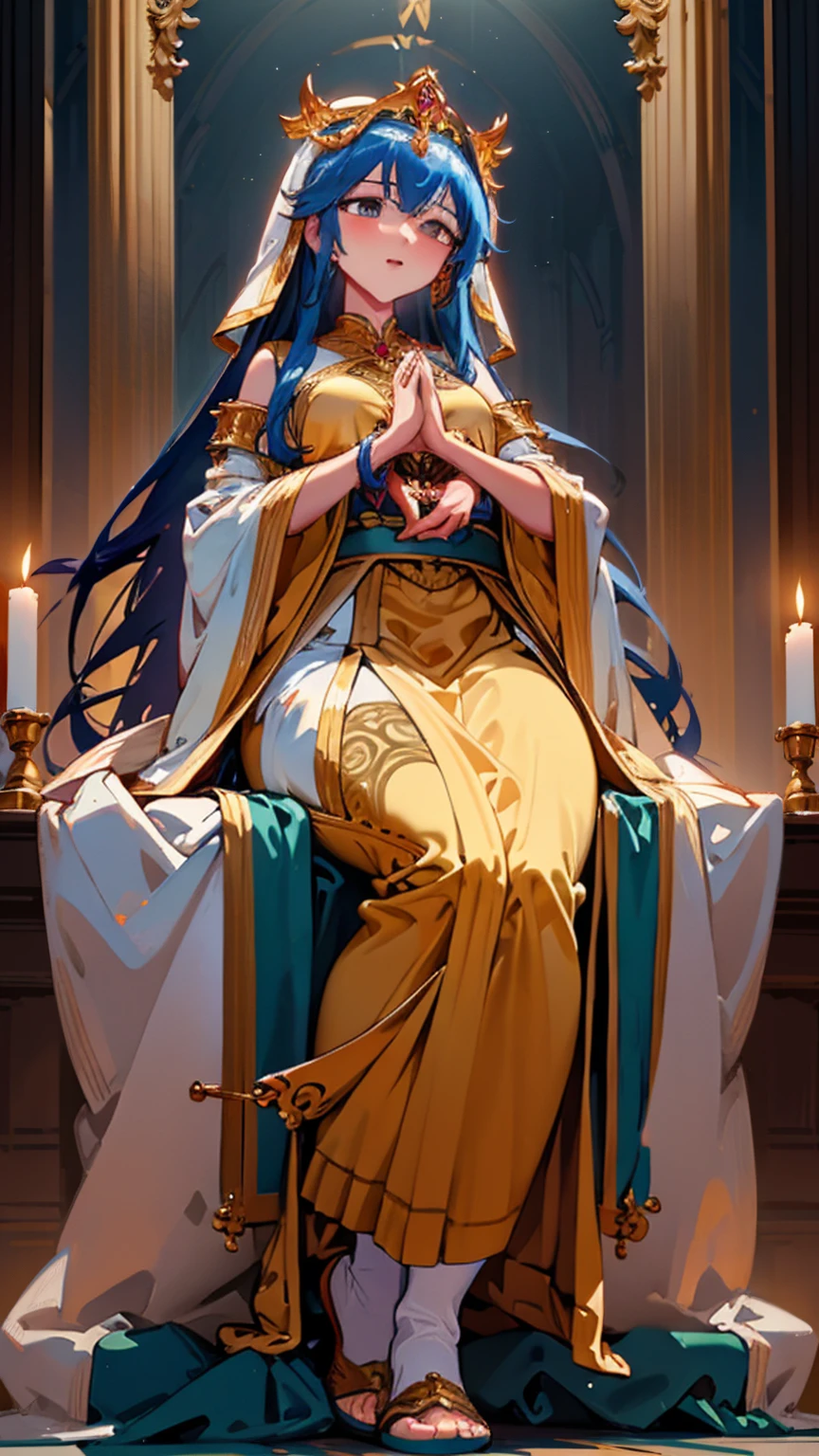 Within a grand, marble temple, a giantess goddess sits serenely on an ornate throne, her flowing robes cascading down the steps. Worshippers of normal stature kneel in reverence at her feet, their heads bowed in respect as they offer prayers and gifts to their divine protector.

