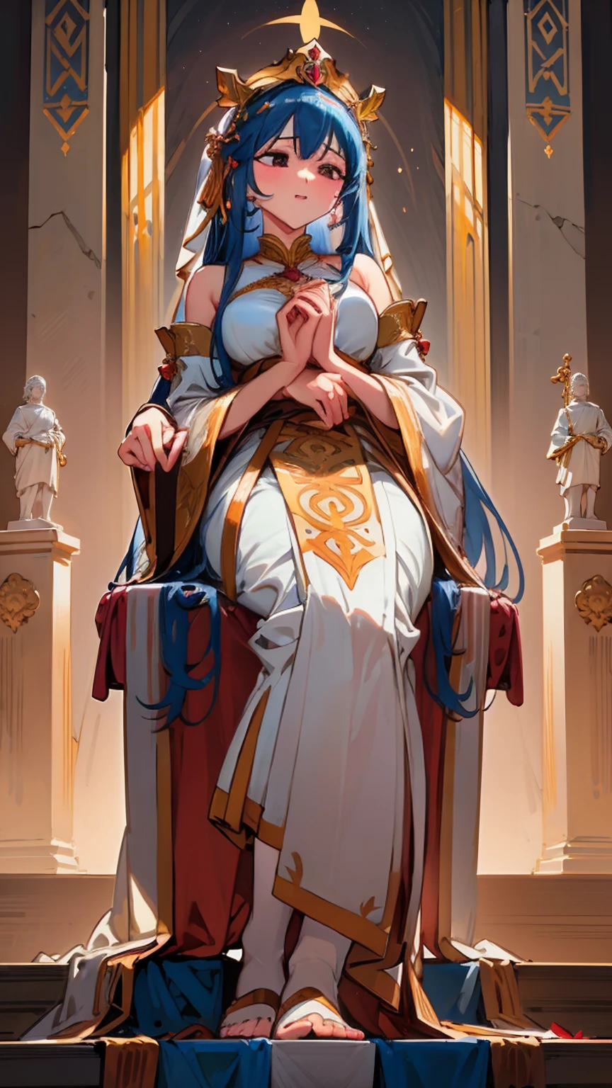 Within a grand, marble temple, a giantess goddess sits serenely on an ornate throne, her flowing robes cascading down the steps. Worshippers of normal stature kneel in reverence at her feet, their heads bowed in respect as they offer prayers and gifts to their divine protector.