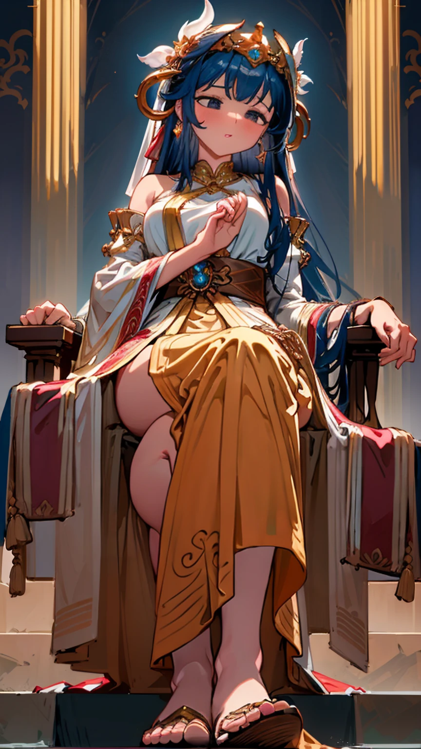 Within a grand, marble temple, a giantess goddess sits serenely on an ornate throne, her flowing robes cascading down the steps. Worshippers of normal stature kneel in reverence at her feet, their heads bowed in respect as they offer prayers and gifts to their divine protector.

