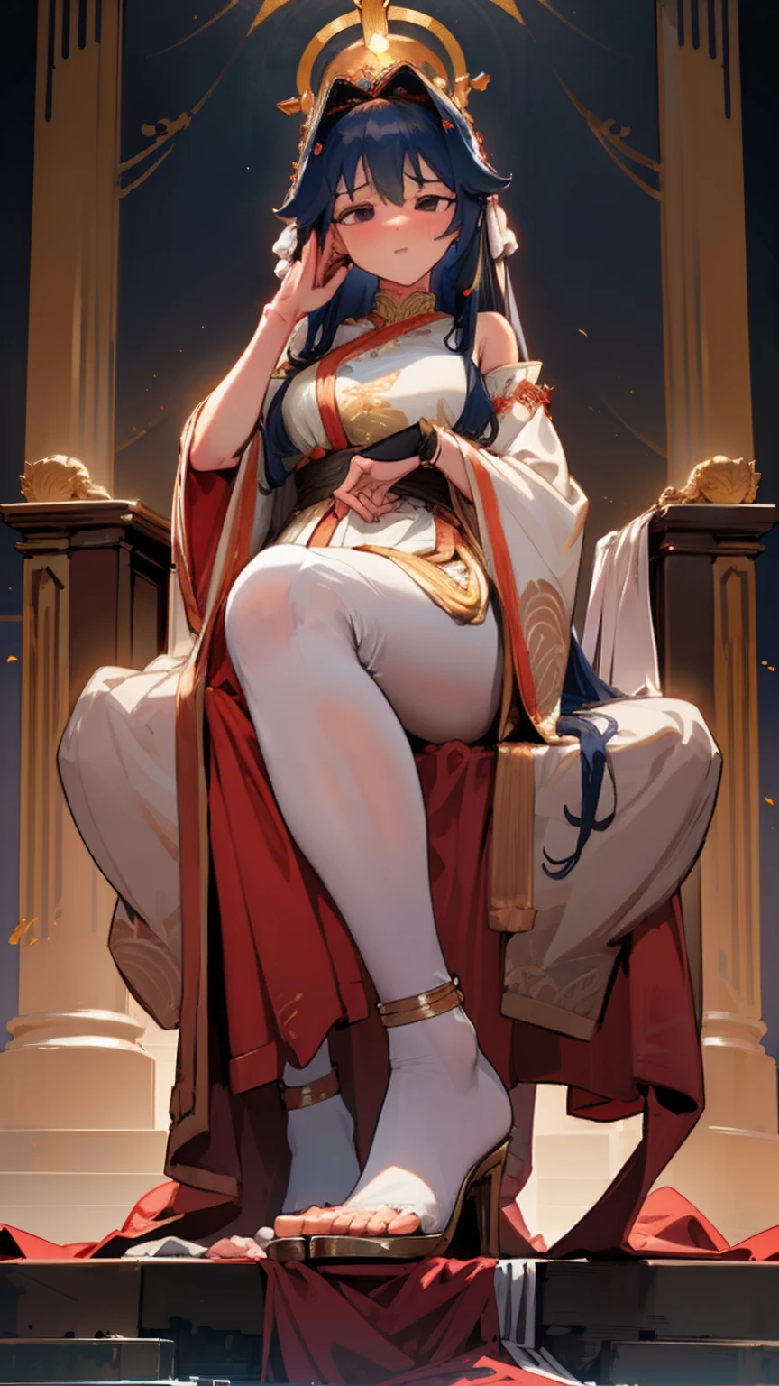 Within a grand, marble temple, a giantess goddess sits serenely on an ornate throne, her flowing robes cascading down the steps. Worshippers of normal stature kneel in reverence at her feet, their heads bowed in respect as they offer prayers and gifts to their divine protector.

