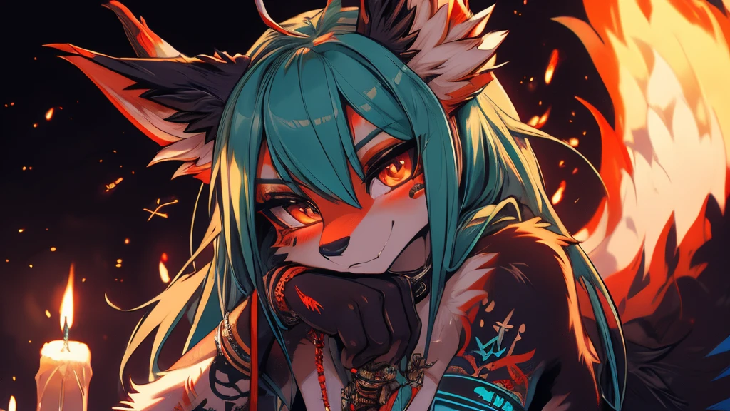 Miku Hatsune, add high definition_detail:1, blue fur,kitsune ears, tribal tattoo add_detail:1, in hell add_detail, batwigns add_detail Fer yokai kitsune, add_detail:1