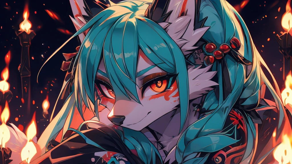 The best quality, Japanese adolescent hatsune miku x kitsune , fox face elongated snout add-detail, Surprise face, sweaty body, heated add_detail,, kitsune warrior in the spring hanami add_detail:1, barefoot add_detail:1 mistycal aura, demon slayer style 