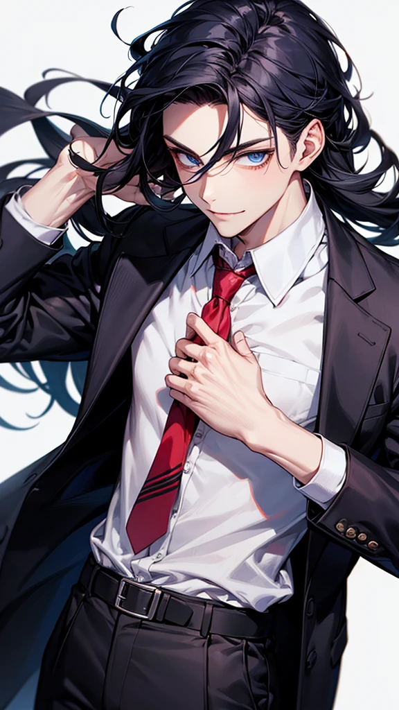 man, face focus, [[[adult]]], business suit, Jacket, white shirt, tie, pants, frontage, highest quality, adopt, detailed face, simple background、white background、[[[black hair]]]、[[[blue eyes]]]、confident look、Upper body、smile