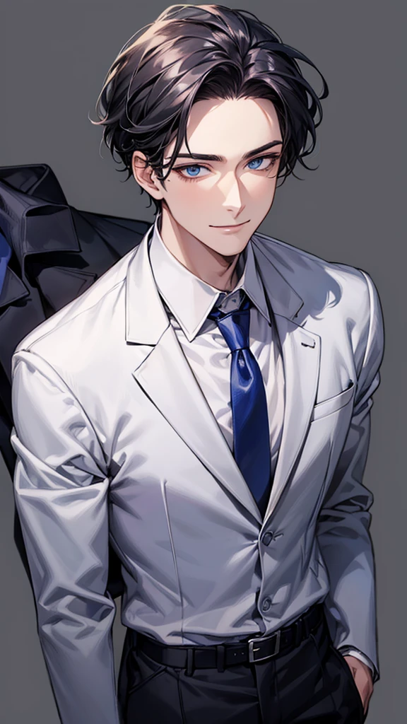 man, face focus, [[[adult]]], business suit, Jacket, white shirt, tie, pants, frontage, highest quality, adopt, detailed face, simple background、white background、[[[black hair]]]、[[[blue eyes]]]、confident look、Upper body、smile