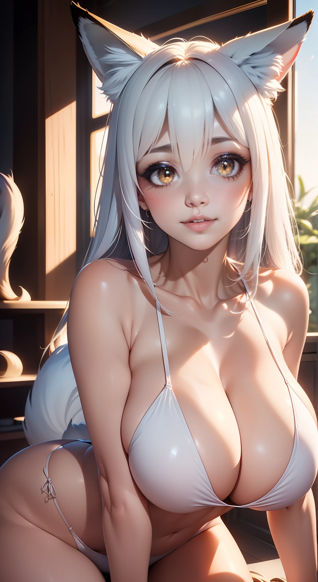 POV: ((((fox girl, fox ears, Super huge enormously gigantic breasts, cleavage and underboob showing)))) neon platinum white hair, micro bikini and mini thong, skinny, slim thick, small waist, 8k, UHD, (accentuated super huge enormously gigantic breasts, squatting spreading her legs open, arching her back in a sexy seductive slutty horny pose), luxurious poolside background