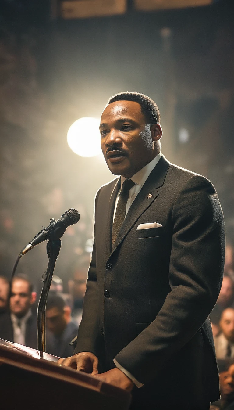 Martin Luther King Jr. delivering his 'I Have a Dream' speech, background dark gold sun, hyper realistic, ultra detailed hyper realistic, photorealistic, Studio Lighting, reflections, dynamic pose, Cinematic, Color Grading, Photography, Shot on 50mm lens, Ultra-Wide Angle, Depth of Field, hyper-detailed, beautifully color, 8k