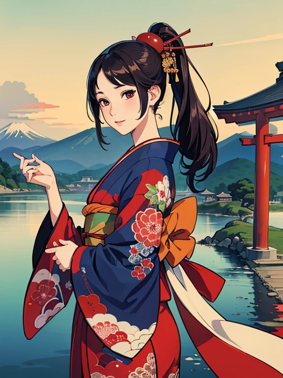 (Highest quality、masterpiece、High resolution、8K)、Vibrant colors、Ukiyo-e、Utamaro、Kimono Beauty、river、Mount Fuji in the distance、Japanese Landscape、A big red torii gate is visible.、Official Art、