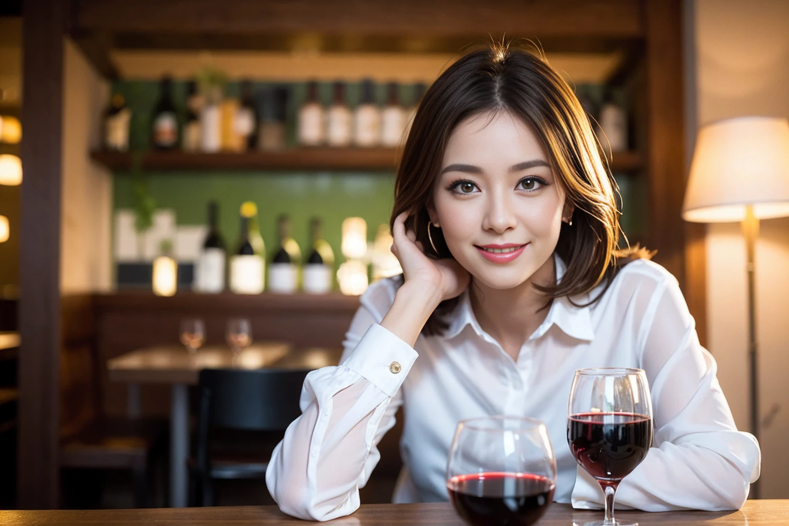 ((Highest quality、8K、masterpiece:1.3))、slimカップル、modelカップル、(Realistic, Intricate details:1.2), full-course dinner、Wine Party、Amazing view of the sunset sky and clouds、A bright smile、The wonderfulness of smile、Bright image、The beauty of wine, Beautiful Face, blue eyes, The light shines on your face, Blushing, short hair,Bright Face、 (Age 37), 39 years old, red wine 、Appetizers、Italian food、Wine bottle、Champagne、sparkling wine、Two beauties、Brown Hair、Shortcuts、Long sleeve shirt、dress、Beautiful woman 1, (slimな顔), (The body is slim), (Brown Hair), (Shortcuts), cheeks turn a little red,Attractive beauty、restaurant, In a prominent place (From the waist up) Nova Frog Style, actress, model, Upper Body, White wine, slim, wine glass, 中央に置かれたwine glass, smile, (smile: 1.15), Beautiful fine grain, Depth f/2,saturation, High Contrast, Strong light and shadow,Moist Body:1.5、3D texture、Delicate eyes、Brown Hair、The hair is very shiny、