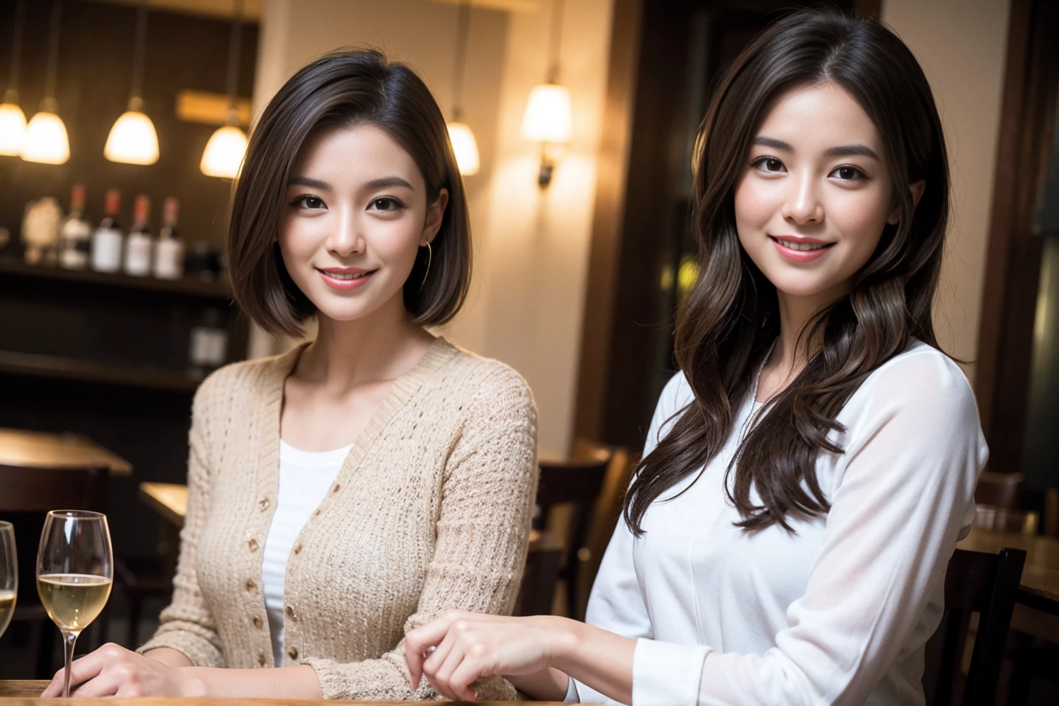 ((Highest quality、8K、masterpiece:1.3))、slimカップル、modelカップル、(Realistic, Intricate details:1.2), full-course dinner、Wine Party、Amazing view of the sunset sky and clouds、A bright smile、The wonderfulness of smile、Bright image、The beauty of wine, Beautiful Face, blue eyes, The light shines on your face, Blushing, short hair,Bright Face、 (Age 37), 39 years old, red wine 、Appetizers、Italian food、Wine bottle、Champagne、sparkling wine、Two beauties、Brown Hair、Shortcuts、Long sleeve shirt、dress、Beautiful woman 1, (slimな顔), (The body is slim), (Brown Hair), (Shortcuts), cheeks turn a little red,Attractive beauty、restaurant, In a prominent place (From the waist up) Nova Frog Style, actress, model, Upper Body, White wine, slim, wine glass, 中央に置かれたwine glass, smile, (smile: 1.15), Beautiful fine grain, Depth f/2,saturation, High Contrast, Strong light and shadow,Moist Body:1.5、3D texture、Delicate eyes、Brown Hair、The hair is very shiny、